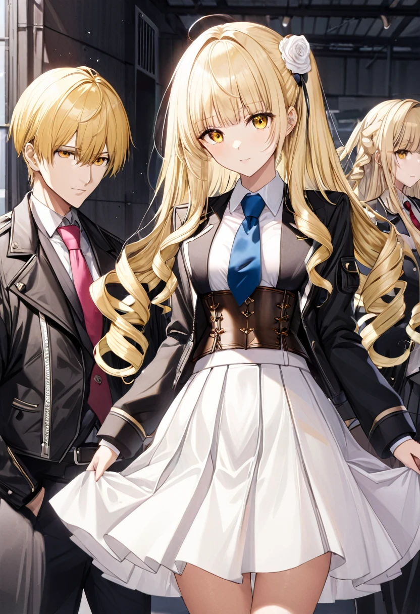 oriana rose, long hair, blonde hair, yellow eyes, drill hair, bangs, blunt bangs, skirt, jacket, necktie, white skirt, corset,
