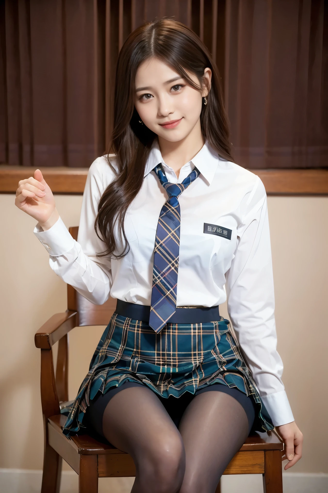 (8k), (highest quality: 1.2), (Realistic), (Realistic: 1.37), Ultra-high resolution, (1 girl), cute, blush,Embarrassed smile, Beautiful details, Beautiful Nose, straight Hair, Giant Dulcefo, pork, Thighs,Self Snap,University Uniforms,(A simple ノースリーブシャツ:1.4),(Pleated skirt:1.2),(The skirt and tie are tartan check pattern.:1.3),(Sitting:1), Sit on the chair,(Hold my feet:1),(Shiny pantyhose:1.2),from the front,knees