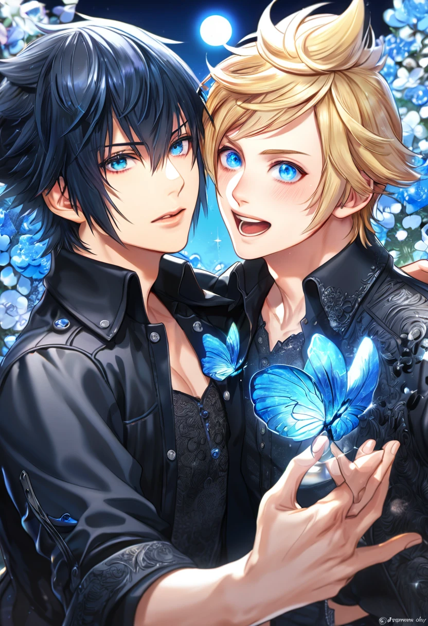 absurdres, highres, ultra detailed, HDR, master piece, best quality, extremely detailed, Noctis Lucis Caelum, black hair, expressive blue eyes, Final Fantasy XV, Prompto Argentum, blonde hair, expressive blue eyes, two sexy men together, gay couple, yaoi, handsome, black clothes, fantasy, magic, sparkling, water, glass, blue moon, blue flowers, blue butterflies, blue petals, garden