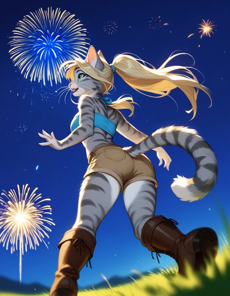 Solo, score_9,score_8_up,score_7_up, source_furry, kat, Anthro furry feline, big blue sparkling eyes, blonde hair, (ponytail hair), pink nose, :3, white whiskers, silver fur with grey stripes, furry body, wearing solid blue bandeau, brown short shorts, brown boots, standing, amazed expression, looking up at the sky, on a grassy field, mouth open, :o, rear view, low angle shot, many fireworks in the night sky, night time, neutral standing position, hands to her side,
