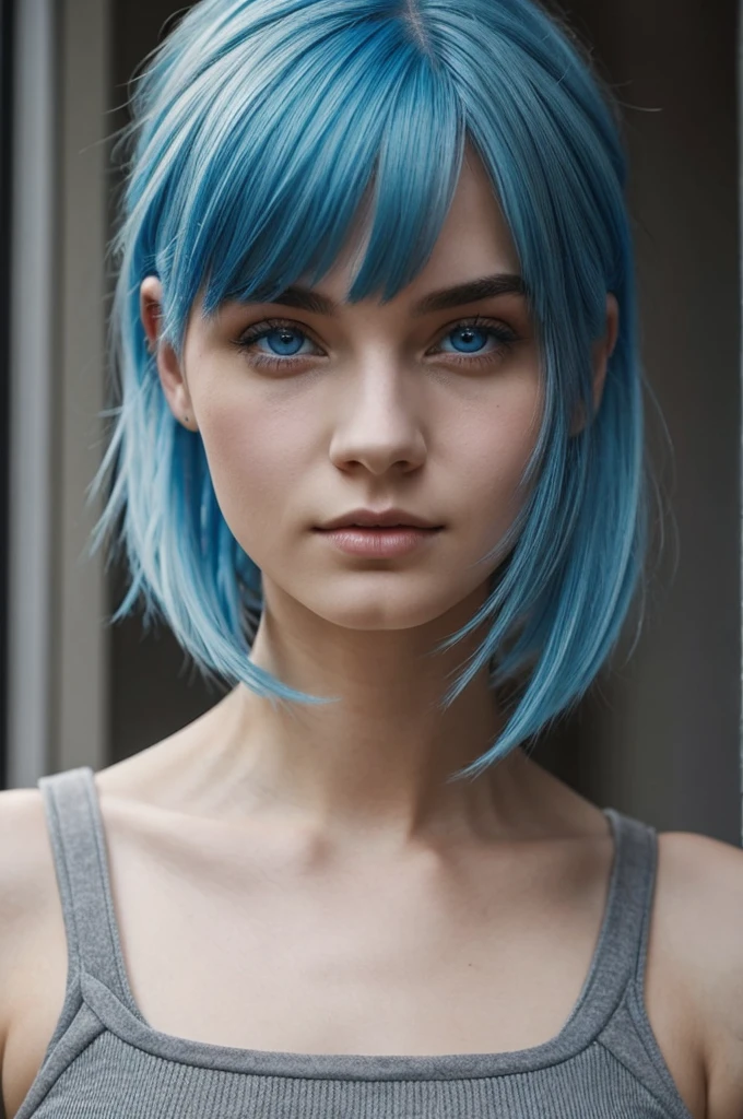 A young woman with sky-blue hair and eyes, one gray and the other red, and her haircut was messy and untidy.
