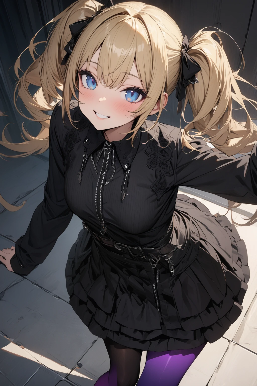 masterpiece, best quality, ultra detailed, solo, sexy girl, blonde hair, blue eyes, skirt, casual jacket, playful smile, gradation tights, twintails, gothic lolita