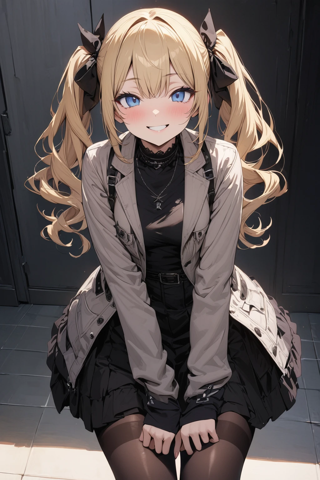 masterpiece, best quality, ultra detailed, solo, sexy girl, blonde hair, blue eyes, skirt, casual jacket, playful smile, gradation tights, twintails, gothic lolita