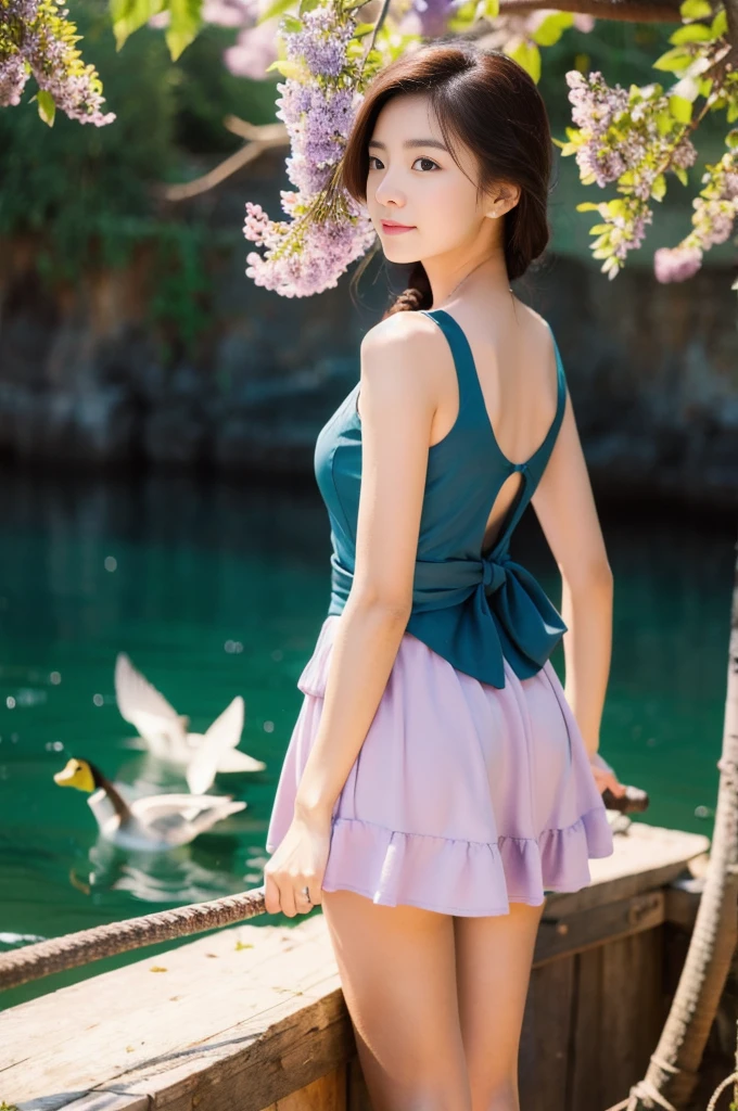  DUCKS FLYING IN THE BACKGROUND, RED AND LILAC FLOWERS, BOAT AT THE BOTTOM FISHING