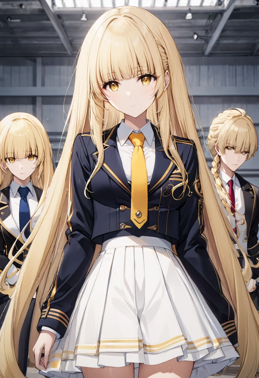 oriana rose, long hair, blonde hair, yellow eyes, drill hair, bangs, blunt bangs, skirt, jacket, necktie, white skirt, corset,
