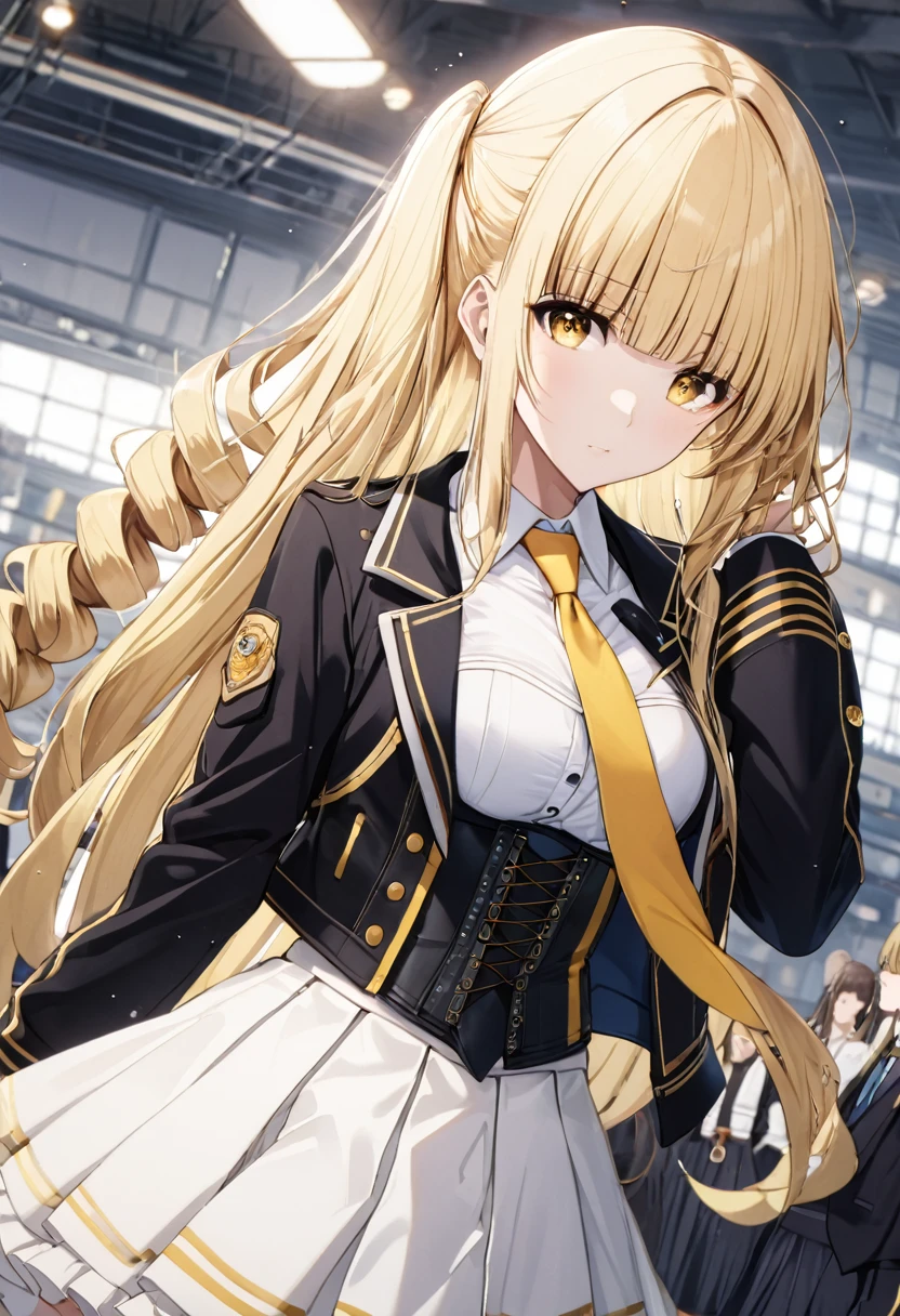 oriana rose, long hair, blonde hair, yellow eyes, drill hair, bangs, blunt bangs, skirt, jacket, necktie, white skirt, corset,
