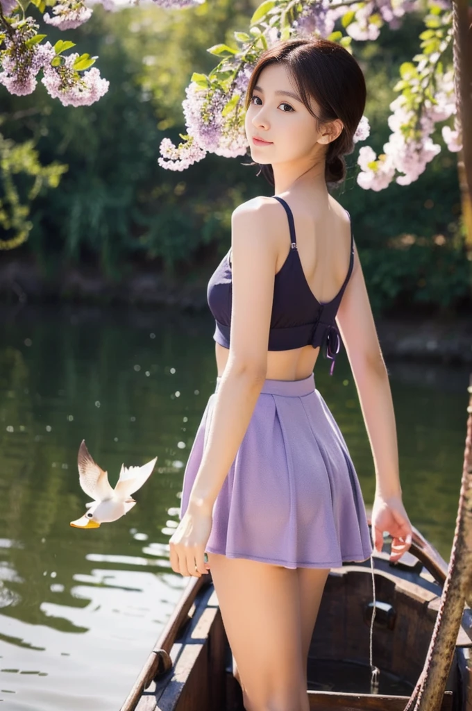  DUCKS FLYING IN THE BACKGROUND, RED AND LILAC FLOWERS, BOAT AT THE BOTTOM FISHING