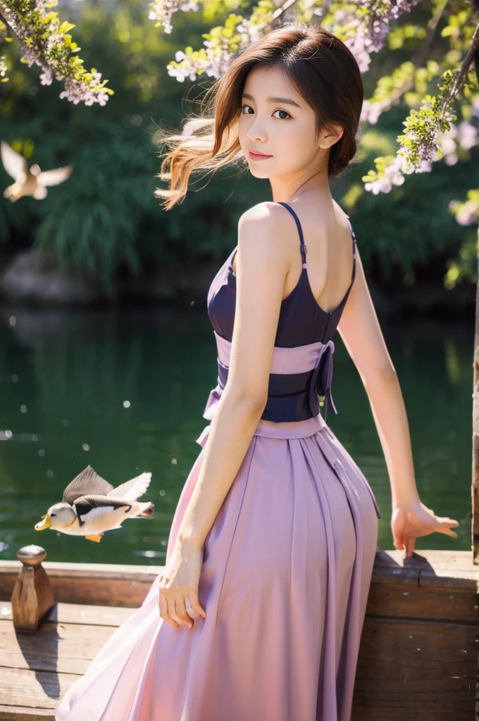  DUCKS FLYING IN THE BACKGROUND, RED AND LILAC FLOWERS, BOAT AT THE BOTTOM FISHING