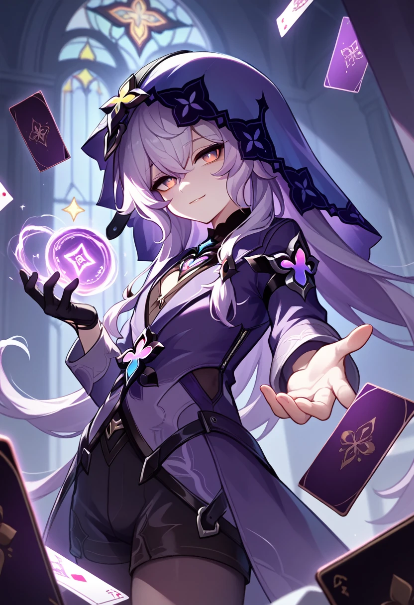 score_9, score_8_up, score_7_up source_cartoon, 1 boy, young boy, sexy boy, femboy, magic, magician, magic cards, cartoon effects, magic effects, league of legends art style, Black_Swan_\(Honkai:_Star_Rail_\).