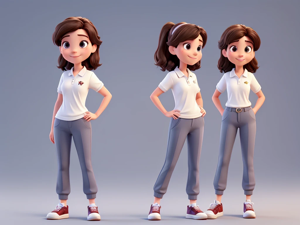 mature young woman in 3D Disney Pixar style, full body, with polo shirt, pants, sneakers, dark hair, dark brown eyes, from the front, smiling, friendly, high quality, highly sharp, white background, white image background