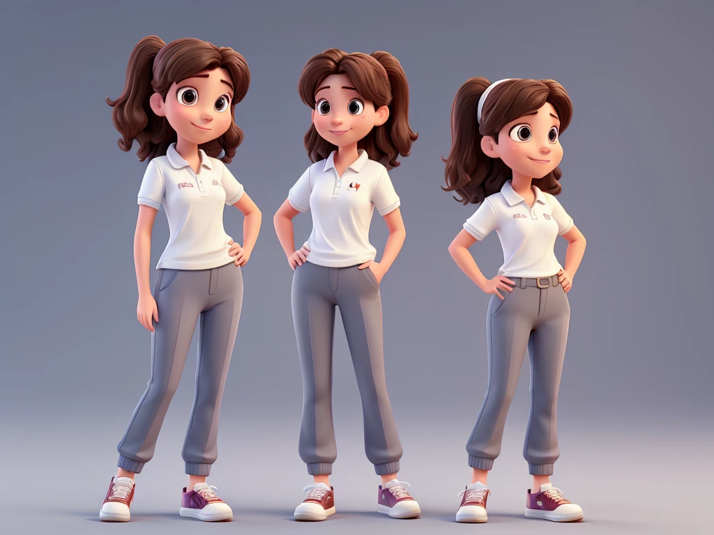 mature young woman in 3D Disney Pixar style, full body, with polo shirt, pants, sneakers, dark hair, dark brown eyes, from the front, smiling, friendly, high quality, highly sharp, white background, white image background