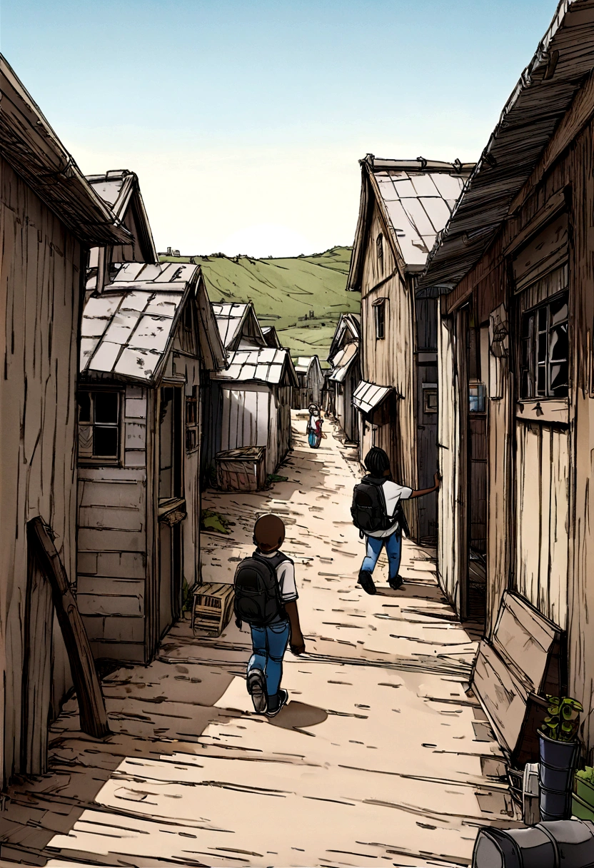 top image, There are two black children walking backwards down the street wearing a white shirt, jeans and backpack, digitl art, location: shanty town