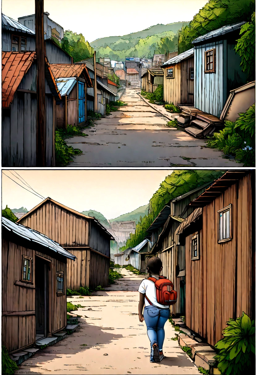 top image, There are two black children walking backwards down the street wearing a white shirt, jeans and backpack, digitl art, location: shanty town
