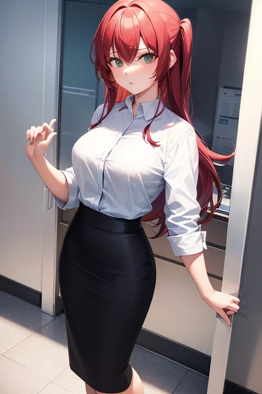 1girl, ikuyo kita, woman, office, beach, suit, office lady, black skirt, black blazer, pencil skirt, skirt suit, maxi length skirt, white shirt, collared shirt, long hair, looking at viewer, full body