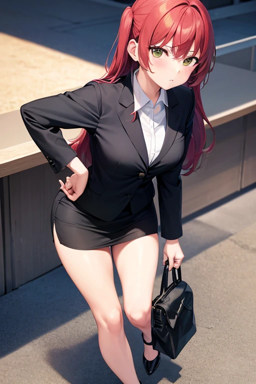 1girl, ikuyo kita, woman, office, beach, suit, office lady, black skirt, black blazer, pencil skirt, skirt suit, maxi length skirt, white shirt, collared shirt, long hair, looking at viewer, full body