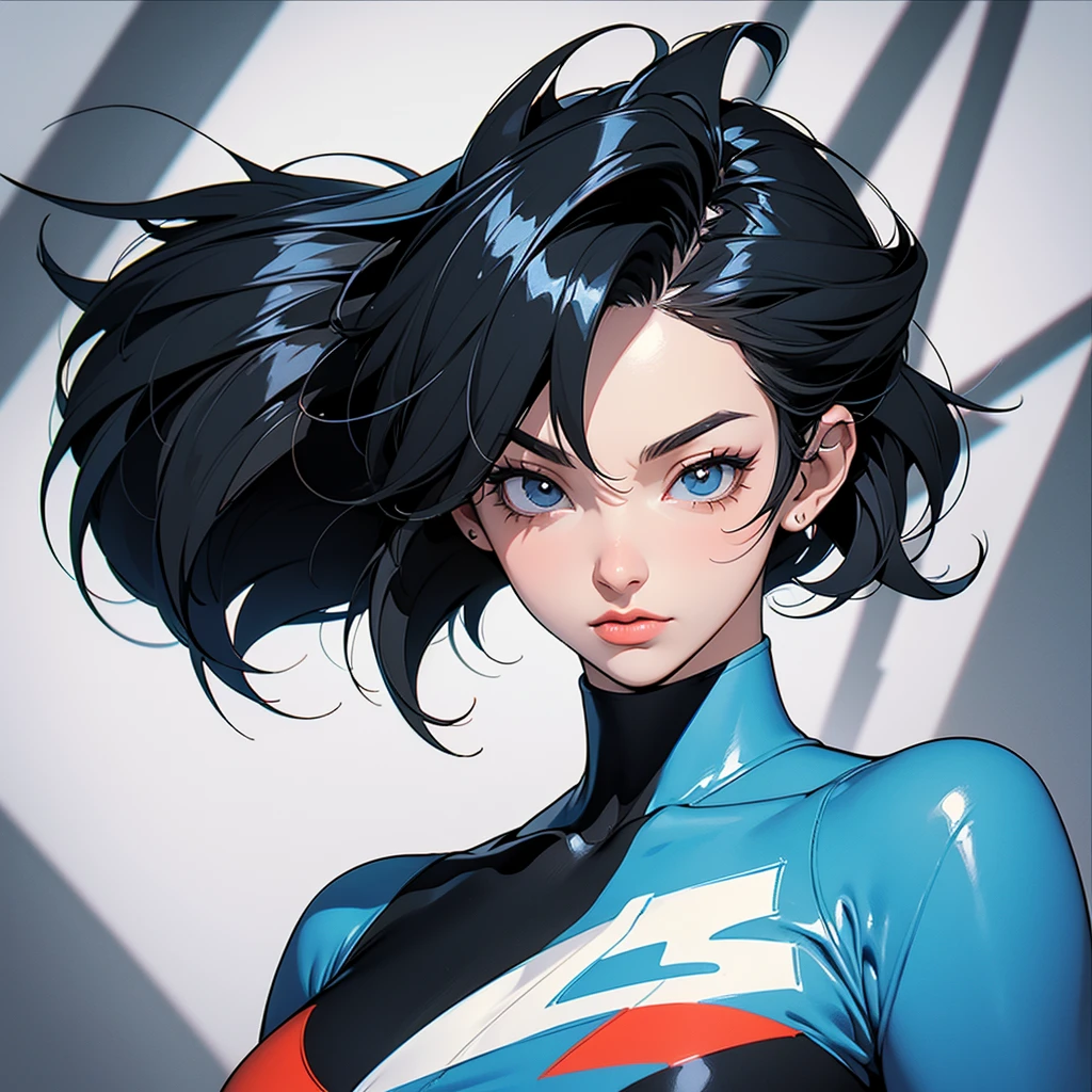 woman similar to gorillaz noodle, black short hair ((drawing)), ((anime girl nose)) , Create a perfect, detailed illustration of a lightly muscular woman with an athletic build. She has short black hair styled in a mohawk and wears a tight blue leotard with white three-stripe details, highlighting her physique. She also has spikeless gloves on both hands. The character is confident, with his head slightly tilted and a serious expression. The background should be minimalist with light, abstract graffiti-like patterns. Use clean lines and soft shading to emphasize the character's three-dimensional appearance and detailed anatomy.