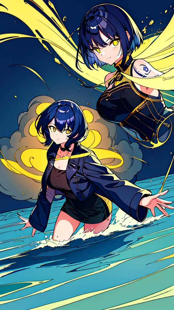 2girls, twins, short wavy navy blue hair, golden yellow glowing eyes, wearing black tube top, navy blue trench coat, navy blue long denim skirt, golden boots, sleeve tattoo, river, absurdres, high res, ultra sharp, 8k, masterpiece, looking at viewer, floating water in hand