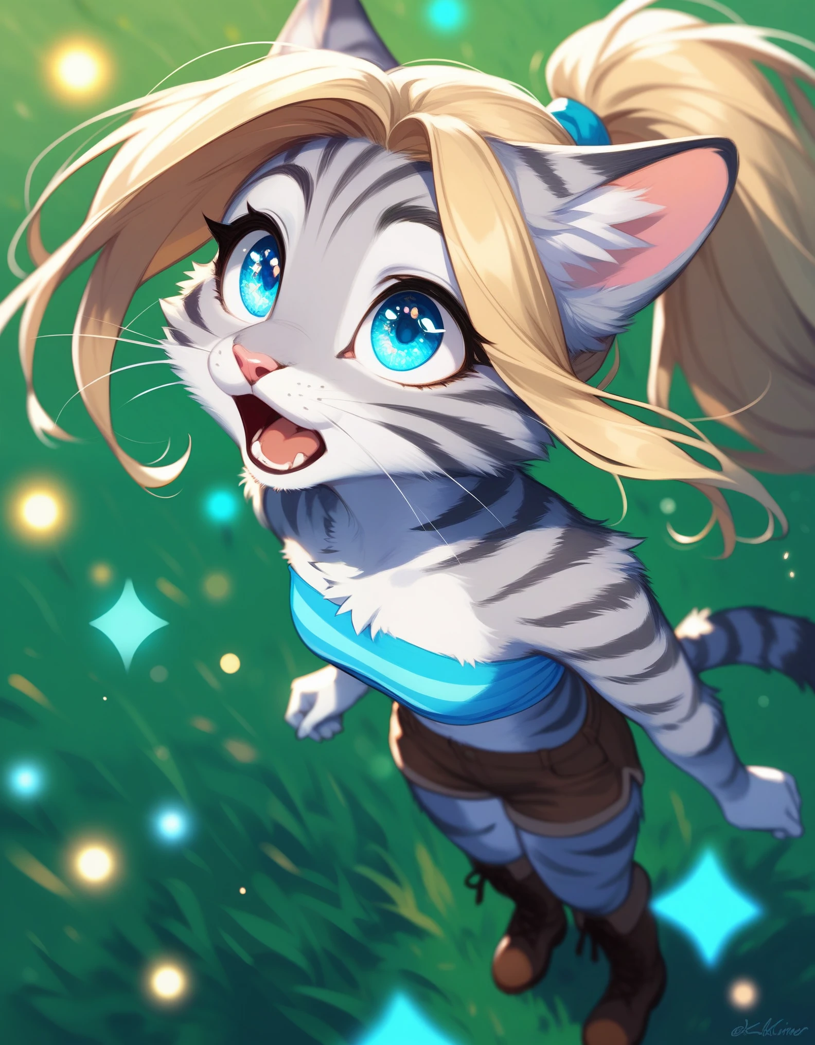 Solo, score_9,score_8_up,score_7_up, source_furry, kat, Anthro furry feline, big blue sparkling eyes, colorful sparks in her eyes, shimmering eyes, blonde hair, (ponytail hair), pink nose, :3, white whiskers, silver fur with grey stripes, furry body, wearing blue bandeau, brown short shorts, brown boots,  standing, from above, amazed expression, looking up at the sky, on a grassy field, night time,  mouth open, :o, curious expression, standing in a neutral position