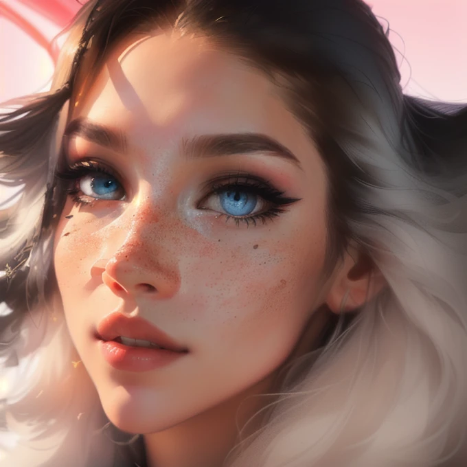Create a hyper-realistic image of a woman with jet black , long wavy hair that cascades over her face, highlighting one eye. Her eye should be a vivid light blue, clear blue eyes and piercing, with an intense and focused gaze. The skin should be fair with a natural abundance of freckles across the nose and cheeks, and her lips should have a soft pink color, with a gentle and subtle expression. The image should be a close-up portrait that captures the fine details of her freckles and the individual eyelashes, with a shallow depth of field that blurs the background. The lighting should accentuate the texture of her hair and the sparkle in her eye