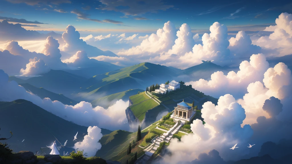最high quality、high quality、A clear and pretty face、Paradise、Greek God々、Sanctuary Grasslands、Long dress、Full of light、Mysterious、Little angels around God playing instruments、雲の中にGreek God殿、You can see the sea of clouds、skyline、