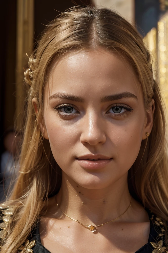 a beautiful blonde woman, beautiful golden blonde hair, detailed eyes, beautiful detailed lips, extremely detailed face, long eyelashes, in the country of Egypt, wearing a long black arab dress which goes to her feet, (best quality,4k,8k,highres,masterpiece:1.2),ultra-detailed,(realistic,photorealistic,photo-realistic:1.37),HDR,UHD,ultra-fine painting,sharp focus,physically-based rendering,extreme detail description,professional,vivid colors,bokeh,portrait, vue sur les pyramides en arrière plan, photo prise par un photographe, le cheveux porter par le vent