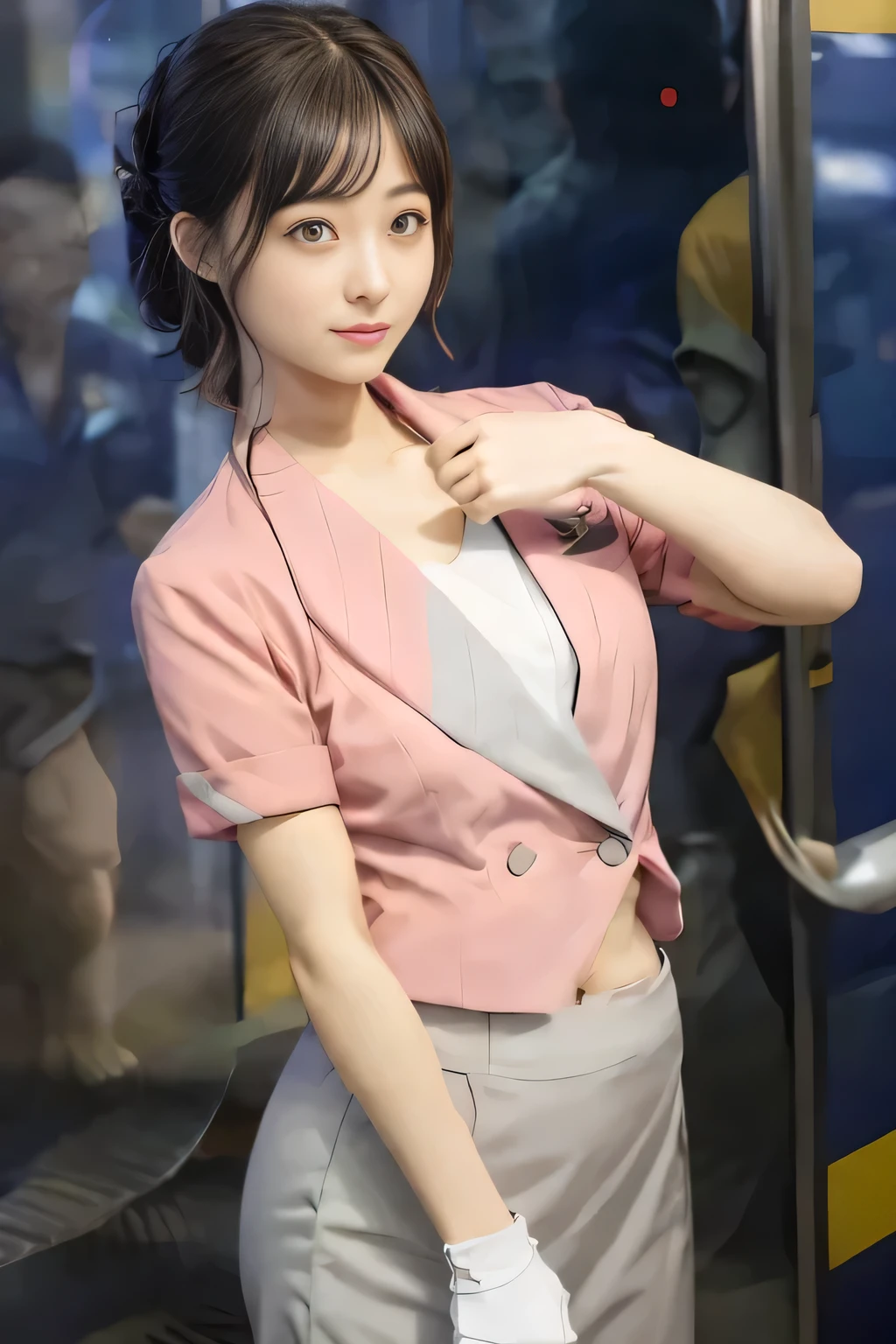 (masterpiece:1.2, Highest quality:1.2), 32k HDR, High resolution, (alone、1 Girl)、 (height: 160cm)、(On the roof of a building in the daytime、Professional Lighting)、Building rooftop background、(Nankai train crew uniform pinkを着たリアルスタイル)、(Nankai Railway crew uniform, pink, short sleeve, collarless, pink jacket、Nankai Railway crew uniform pink no-collar short-sleeve blouse、Nankai Railway crew uniform, pink grey, knee-length culottes)、(A pink jacket peeks out from under the culottes.)、Dark brown hair、(Hair tied up、Hair tied up、Evening curly hairstyles)、Dark brown hair、Long Shot、Big Breasts、Thin legs、((Great hands:2.0)),((Harmonious body proportions:1.5)),((Normal limbs:2.0)),((Normal finger:2.0)),((Delicate eyes:2.0)),((Normal eyes:2.0)))、smile、(Nankai Railway crew uniform, pink grey, knee-length culottesを見せた美しい歩く姿)、Place your hands around your stomach、Strap Employee ID Card