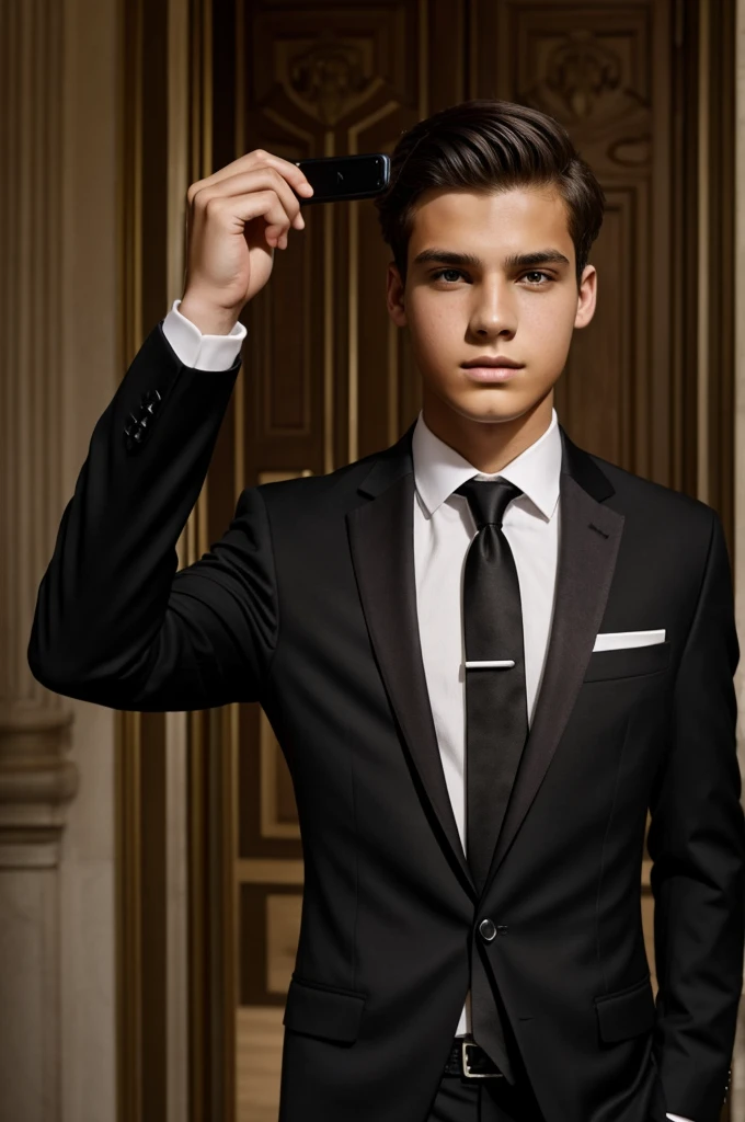 Selfie of teenager in elegant black suit with Corinthian tie, showing half body 

