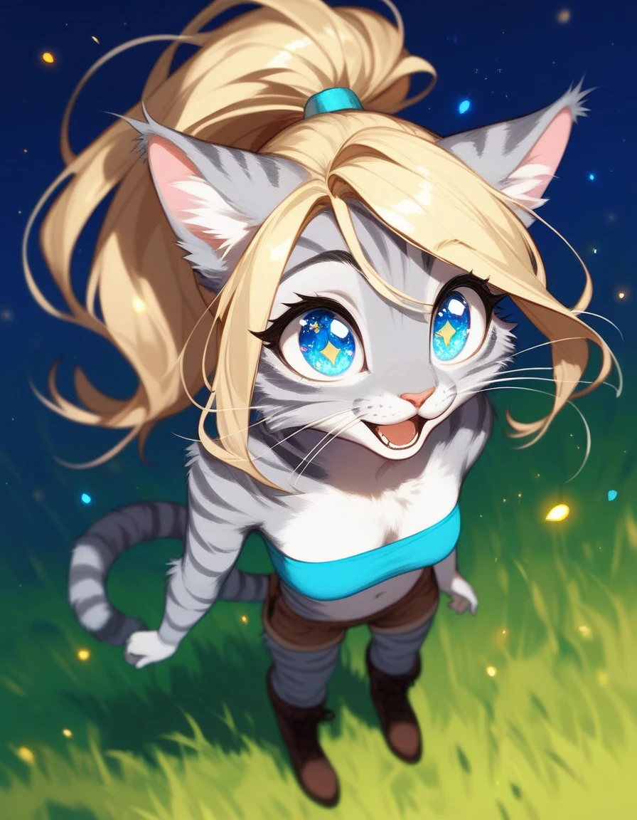 Solo, score_9,score_8_up,score_7_up, source_furry, kat, Anthro furry feline, big blue sparkling eyes, colorful sparks in her eyes, shimmering eyes, blonde hair, (ponytail hair), pink nose, :3, white whiskers, silver fur with grey stripes, furry body, wearing blue bandeau, brown short shorts, brown boots, standing, from above, amazed expression, looking up at the sky, on a grassy field, night time, mouth open, :o, curious expression, standing in a neutral position
