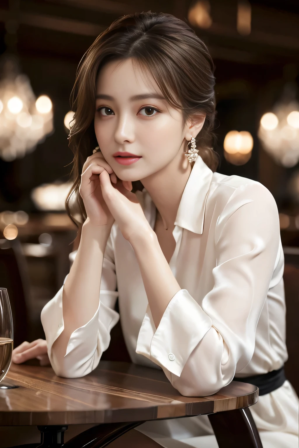 masterpiece, Highest quality, Realistic, Very detailed, Finer details, High resolution, 8k wallpaper, One beautiful woman, Wear an elegant white silk shirt, In a great restaurant, At night, Light brown messy hair, Perfect dynamic composition, Beautiful and beautiful eyes、Big earrings、Sit on a chair、