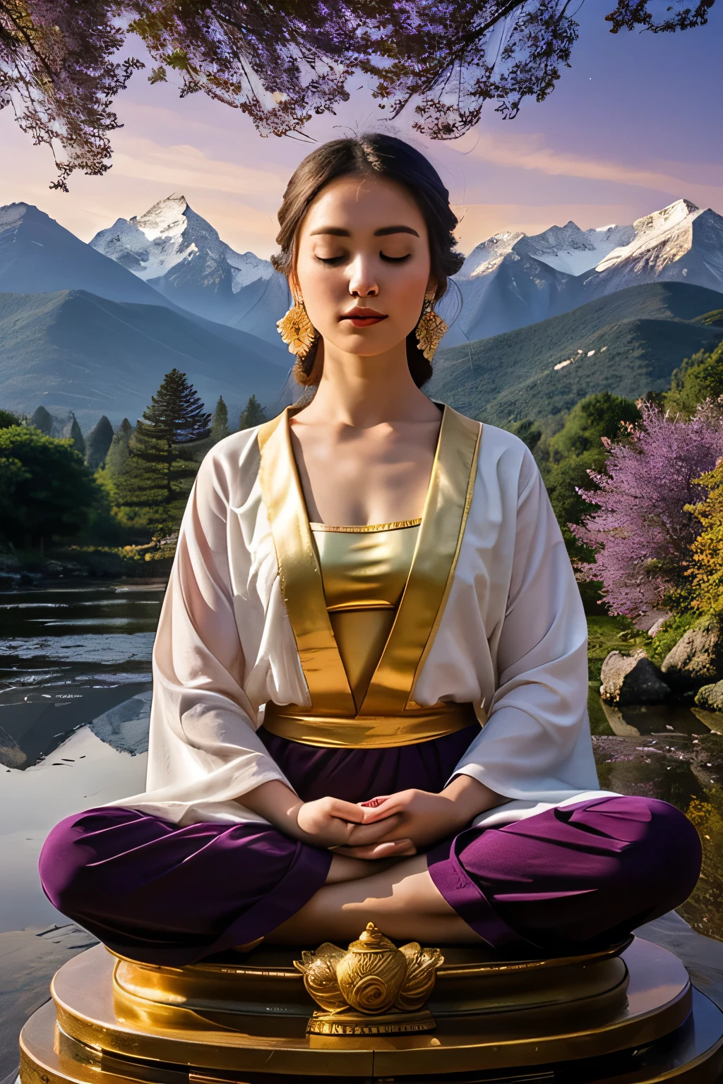 ((Best Quality)), (detailed), (elegant), (Science fiction), 1 beautiful castanea girl, (ecstatic), buddhist, floating and meditating, surrounded by violet light, his eyes radiate a golden light, mountains background with a temple., time of dusk (beauty)
