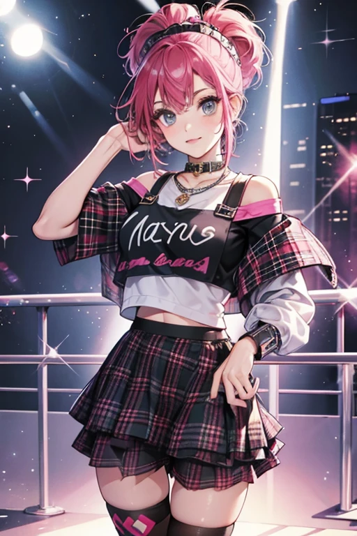 her punk outfit including stylish leg warmers, a trendy plaid skort, and a chic layered top SPARKLE; GLITTER