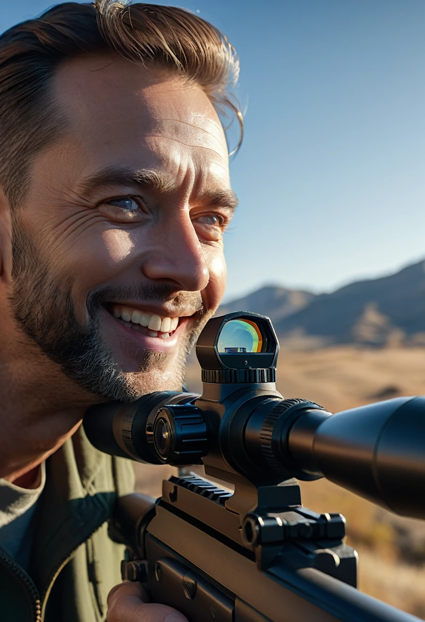 a man's face, smiling, looking through a gun sight, clear day, landscape of a graph in the background, highly detailed, photorealistic, 8k, hyperrealistic, cinematic lighting, dramatic atmosphere, chiaroscuro lighting, dramatic shadows, vivid colors, warm color palette, intricate details, hyper-detailed, incredibly sharp focus, impeccable realism, masterpiece