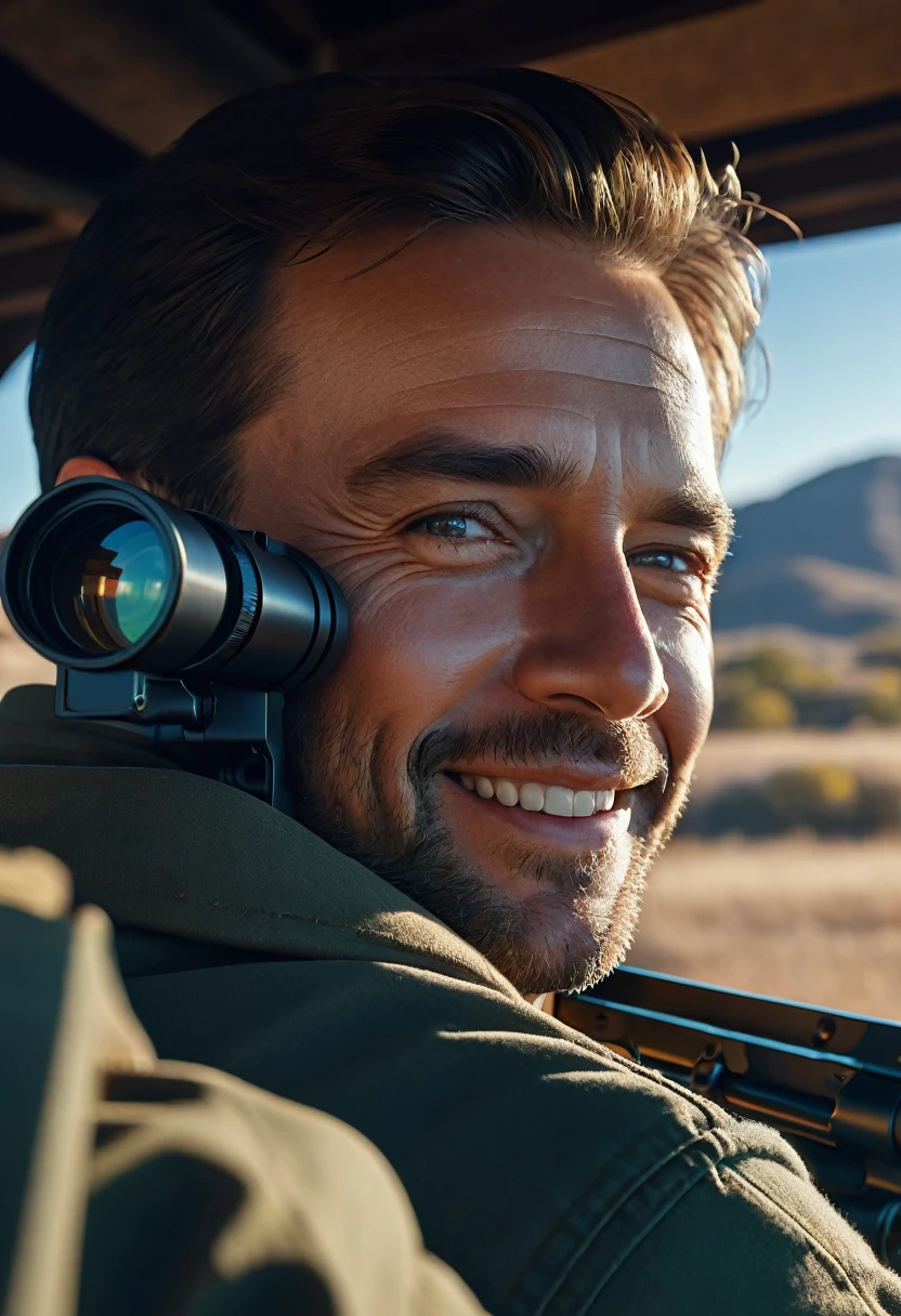 a man's face, smiling, looking through a gun sight, clear day, landscape of a graph in the background, highly detailed, photorealistic, 8k, hyperrealistic, cinematic lighting, dramatic atmosphere, chiaroscuro lighting, dramatic shadows, vivid colors, warm color palette, intricate details, hyper-detailed, incredibly sharp focus, impeccable realism, masterpiece