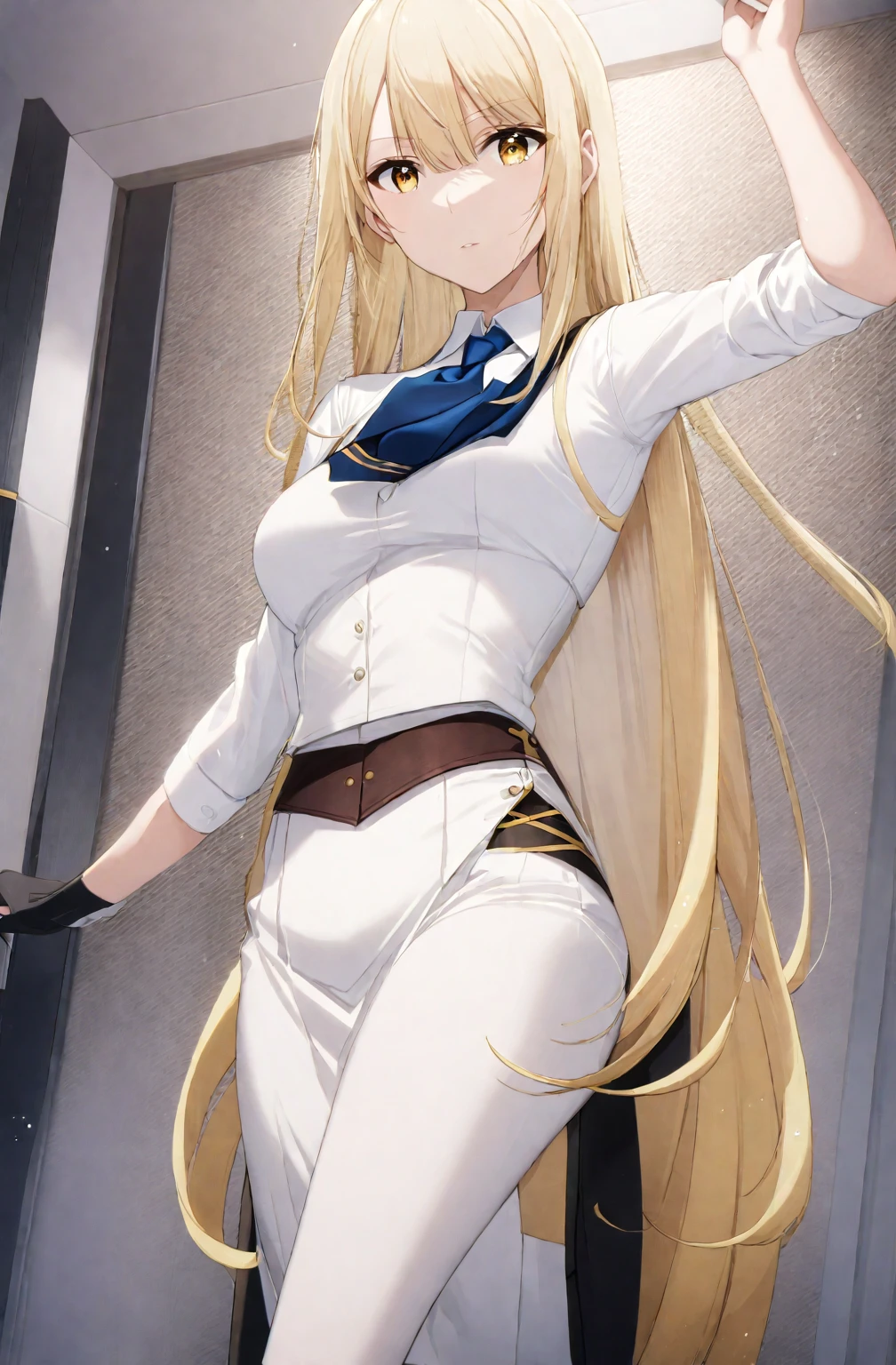 oriana rose, long hair, blonde hair, yellow eyes, drill hair, bangs, blunt bangs, skirt, jacket, necktie, white skirt, corset,
