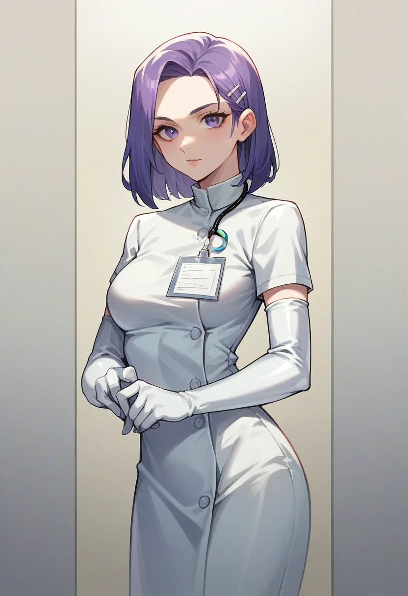 1girl, ((white elbow gloves)), ((surgical gloves)), ((latex gloves)), ((long sleeves)) ((purple surgeon outfit)), looking at viewer, ((doctor)), standing, solo