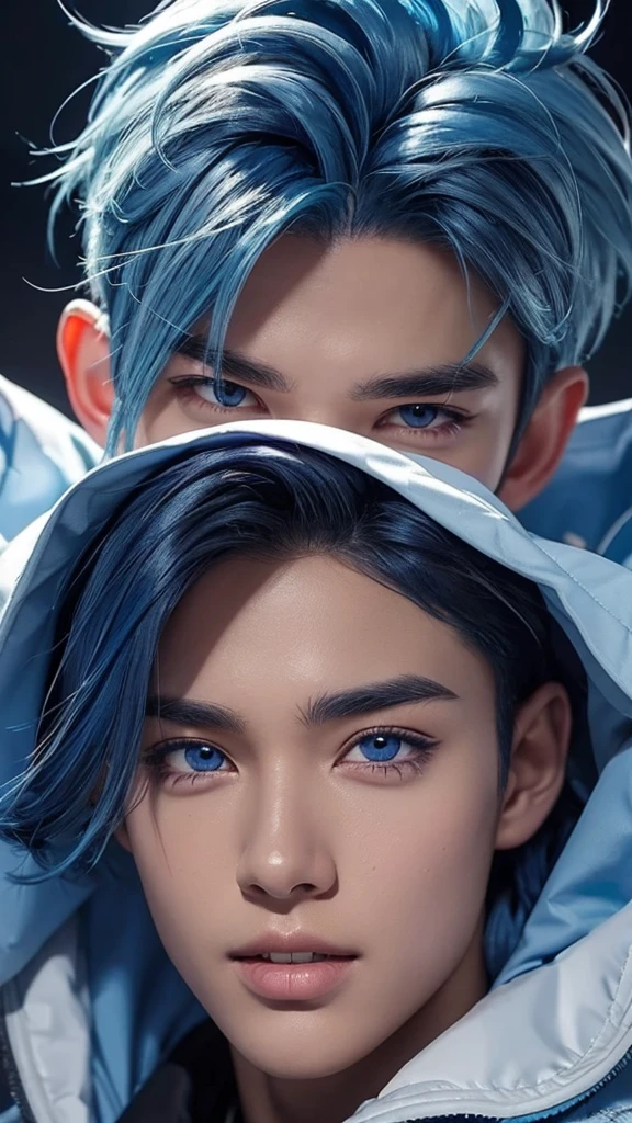 male, (([Blue hair], [windcheater])), realistic, (detailed face), (detailed teeth), (detailed eyes), (detailed iris),,   