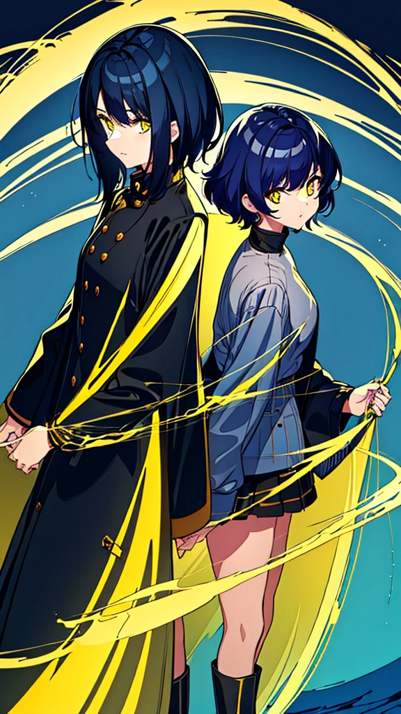 2girls, twins, short wavy navy blue hair, golden yellow glowing eyes, wearing black tube top, navy blue trench coat, navy blue long denim skirt, golden boots, sleeve tattoo, river, absurdres, high res, ultra sharp, 8k, masterpiece, looking at viewer, floating water in hand