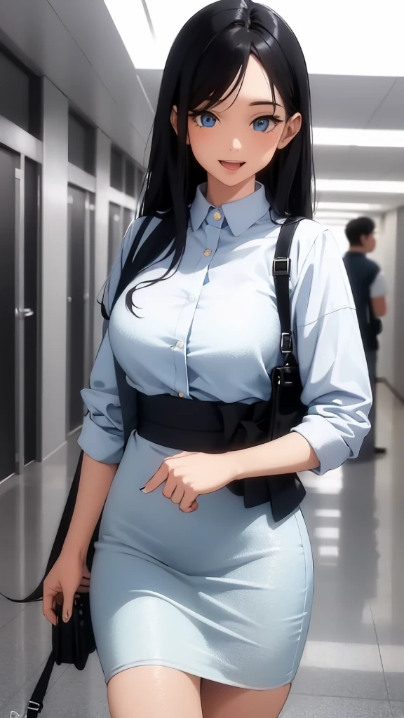 (masterpiece), (best quality), (ultra-detailed), ((girl, 29 years old)), an extremely delicate and beautiful, detailed eyes, minute details, (black hair, long hair, straight hair, hair between eyes), ((big breasts)), smile, open mouth, ((beautiful eyes)), (blue eyes), (upper body), she is wearing a blue dress, (detailed clothes), (detailed background, in a hospital, hospital hallway), (monochrome)