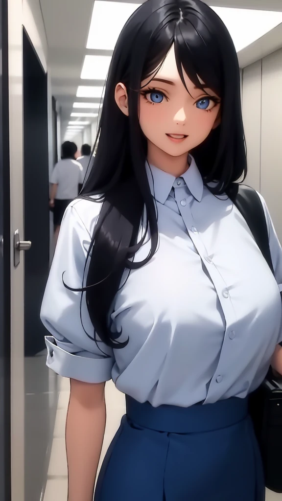 (masterpiece), (best quality), (ultra-detailed), ((girl, 29 years old)), an extremely delicate and beautiful, detailed eyes, minute details, (black hair, long hair, straight hair, hair between eyes), ((big breasts)), smile, open mouth, ((beautiful eyes)), (blue eyes), (upper body), she is wearing a blue dress, (detailed clothes), (detailed background, in a hospital, hospital hallway), (monochrome)