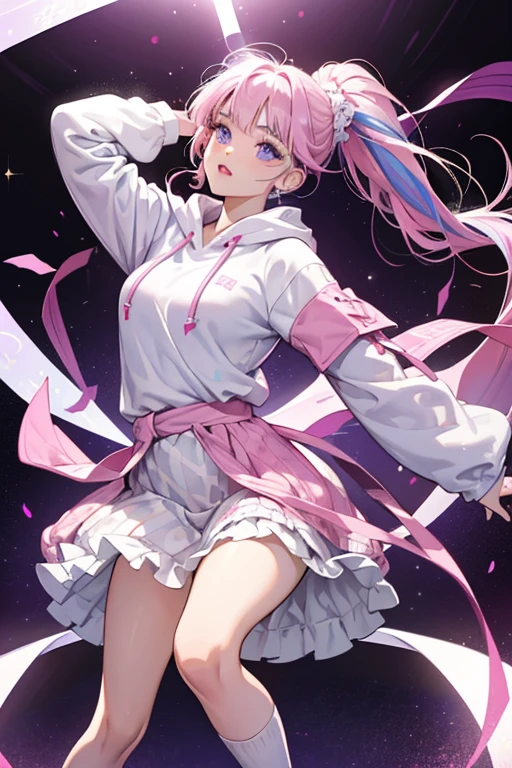 Ali has long pink knee-length hair styled into two ponytails and bangs in the front. Also in her hair located on her bans is a lavender streak. Her makeup consist of white eyeshadow with a purple line above and light pink lipstick. Her eyes are blue. She wears a light purple hoodie with a white string in the top of the middle. Half of her sleeves are covered in white checkers. On the center of her hoodie it says "Air Dance Queen". On her waist she wears a poofy pink tutu. Her socks are white and over sized and she wears light pink ballet shoe. SPARKLE; GLITTER