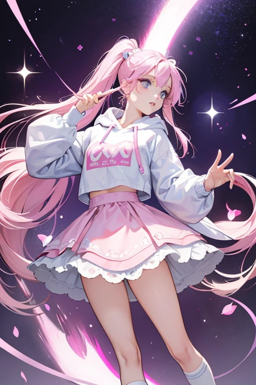 Ali has long pink knee-length hair styled into two ponytails and bangs in the front. Also in her hair located on her bans is a lavender streak. Her makeup consist of white eyeshadow with a purple line above and light pink lipstick. Her eyes are blue. She wears a light purple hoodie with a white string in the top of the middle. Half of her sleeves are covered in white checkers. On the center of her hoodie it says "Air Dance Queen". On her waist she wears a poofy pink tutu. Her socks are white and over sized and she wears light pink ballet shoe. SPARKLE; GLITTER