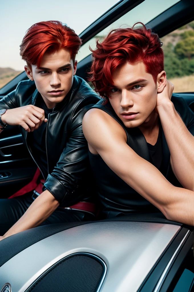 Two boys with red hair on top of a luxury car