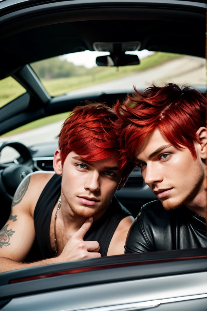 Two boys with red hair on top of a luxury car 