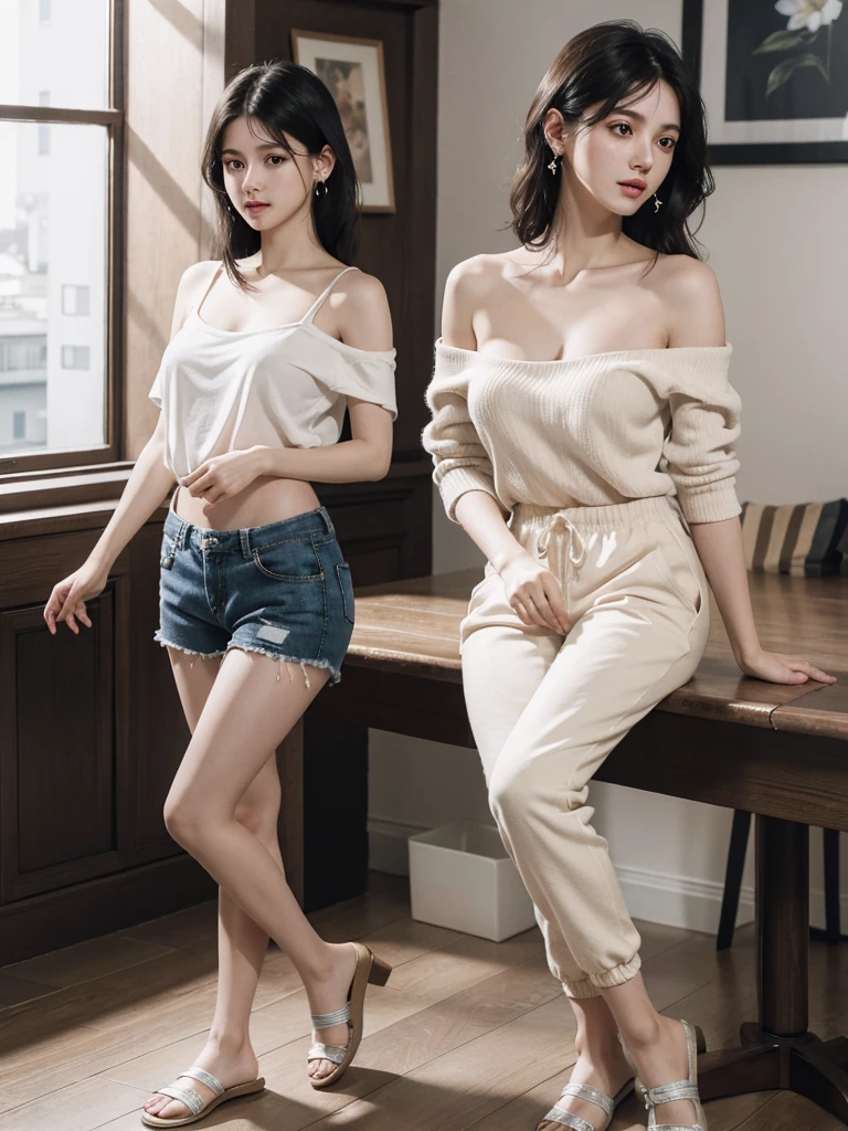 absurdres, RAW photo, extremely delicate and beautiful, masterpiece, Best Quality, ultra high resolution, 32k, hyperrealistic, ultra-detailed, in her 20s, delicate facial features, beautiful detailed girl, tearful mole, earring, medium breasts, (full body shot), shorter middle hair, black hair, Joggers Shorts, bare shoulder,