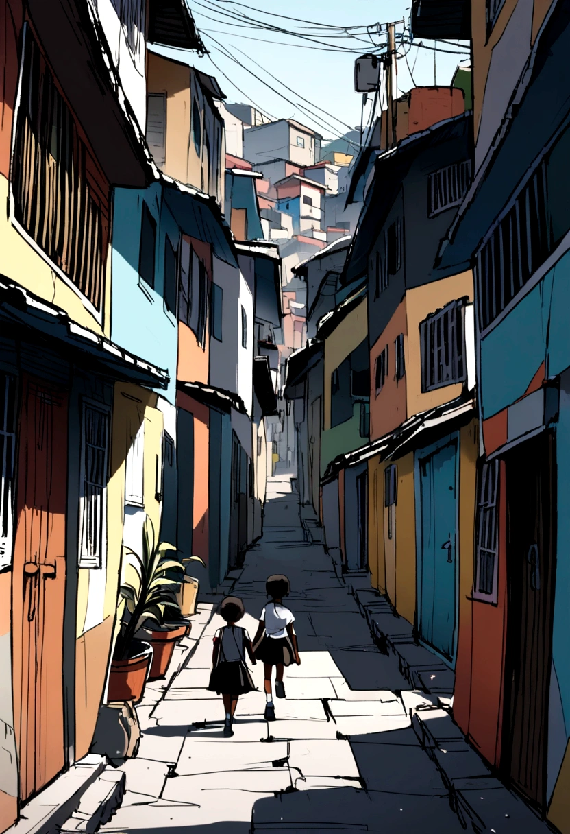 two black children on their way to school in a favela in Rio de Janeiro