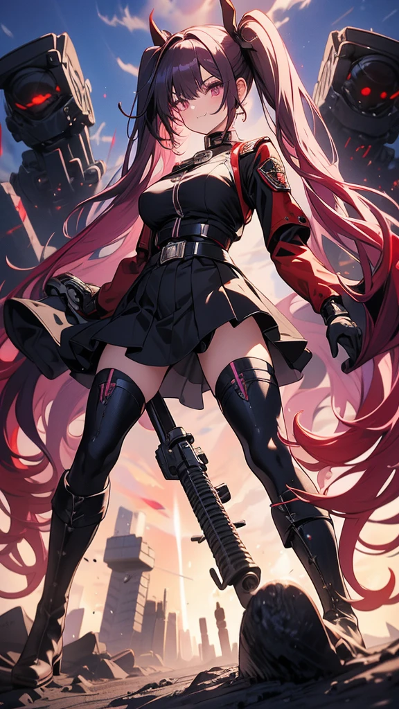 long-haired girl with pigtails, vermilion hair, perfect body, metallic mouth cover, metallic robot arms, red-purple eyes, military top, big breasts, beautiful thick thighs, purple-red and black clothing, military boots, many belts , holds a futuristic laser cannon, has war scars, pose holding a rifle, full body focus, high definition details, dynamic lighting, rtx, military base background.
