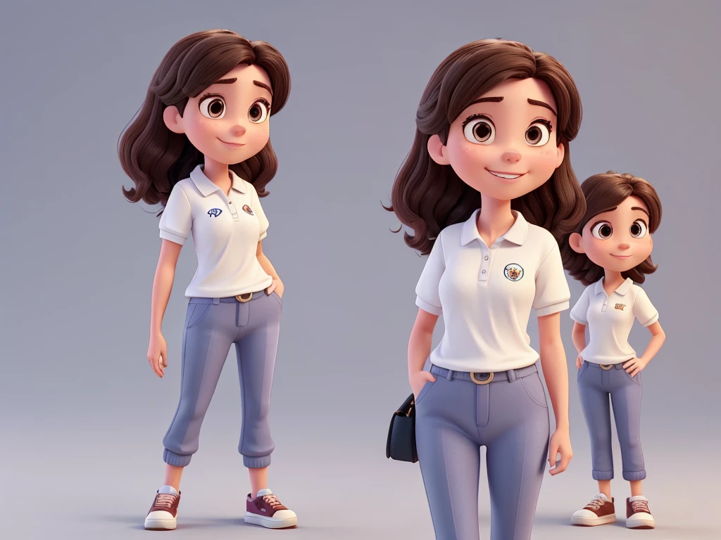 mature young woman in 3D Disney Pixar style, full body, with polo shirt, pants, sneakers, dark hair, dark brown eyes, from the front, smiling, friendly, high quality, highly sharp, pointing finger up, white background
