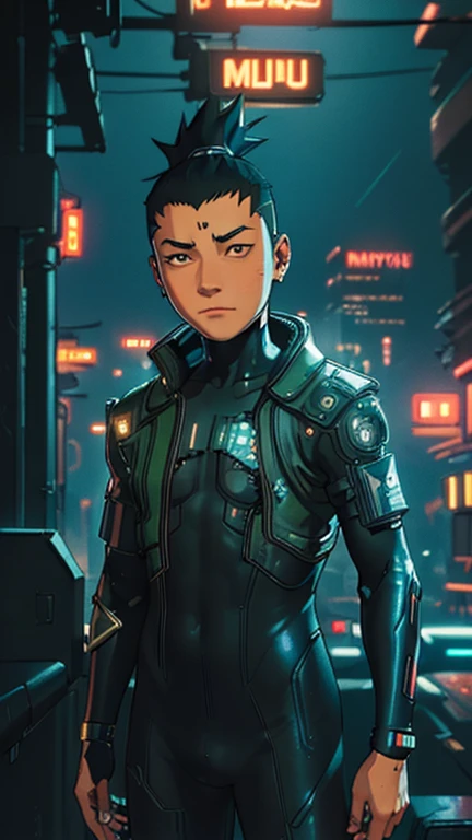 best quality,masterpiece,1boy,solo,(((ars old)japanese boy,an extremely cute and handsome hoy,highly detailed handsome face and eyes,petit,cute face,lovely face,baby fahy smile,show teeth, Black hair,short hair,flat chest,skinny,slender,(((Nara Shikamaru wearing Cyberpunk Bodysuit))),(((standing in Dark Midnight Neon Glow light Cyberpunk Gotham city))),he is looking at the viewer,jdgdrddcom