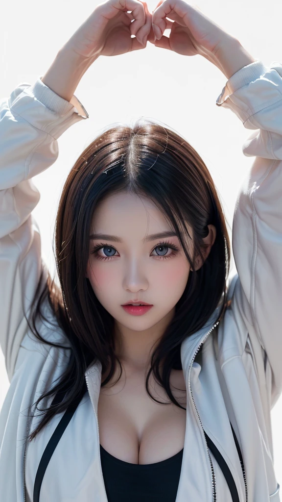 (((forehead、Northern Europe、White people、beautiful girl、Black Hair、White background、open jacket、lender)))、table top, highest quality, figure, super detailed, finely, High resolution, 8k wallpaper, Perfect dynamic composition, detailed and beautiful eyes, Deco out,bionde, breasts, Natural color lip,white background, random cute poses,
