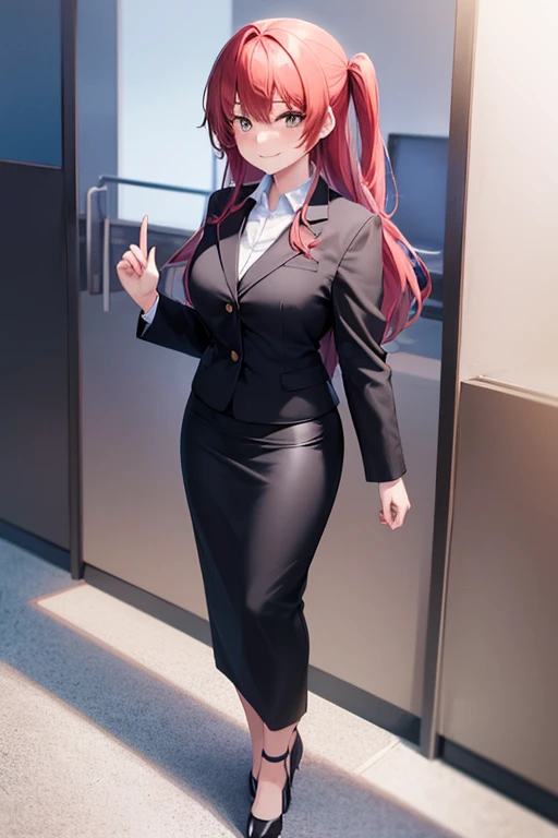 1girl, ikuyo kita, woman, office, suit, office lady, black skirt, black blazer, pencil skirt, skirt suit, maxi length skirt, pink shirt, collared shirt, long hair, looking at viewer, full body, smile